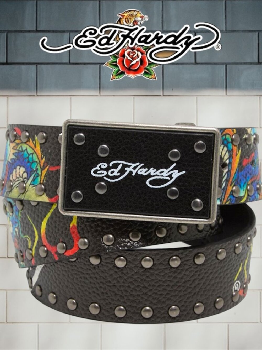 RARE Ed Hardy by Christian Audigier Y2K Cyber Grunge Dragon Rivet Stud Belt NWT